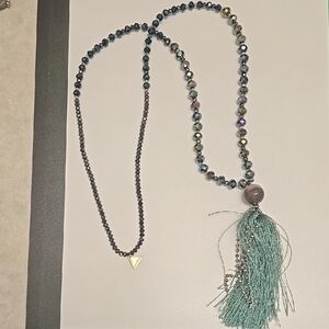 Silver and Blue Beaded Necklace with Elegant Tassel
